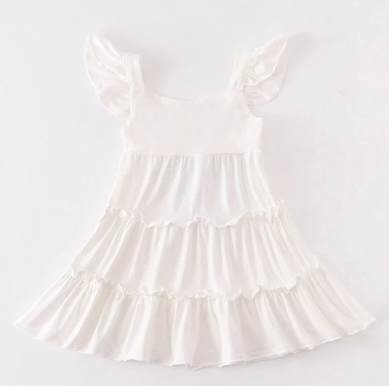 Baby Girls White Cotton Flutter Sleeve Knee Legnth Dresses preorder (moq 5)