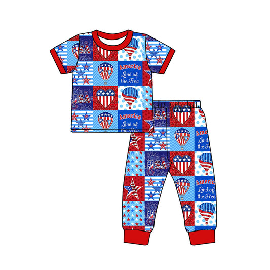 Baby Boys 4th Of July America Red Top Balloon Pants Pajamas Clothing Sets Preorder(moq 5)