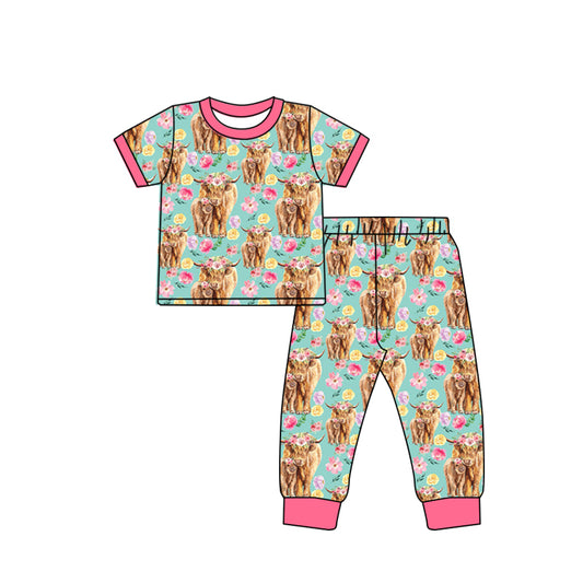 Baby Girls Flowers Highland Cow Shirt Pants Pajamas Clothes Sets order preorder (moq 5)