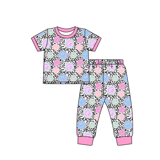 Baby Girls Smile Leopard Short Sleeve Shirt Pants Pajamas Clothes Sets order preorder (moq 5)