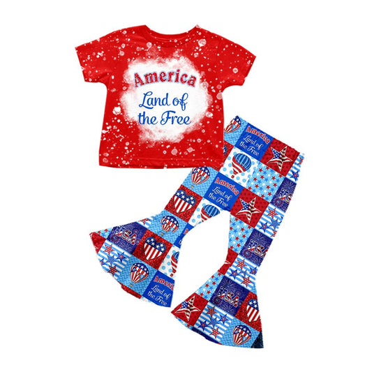 Baby Girls 4th Of July America Red Top Balloon Bell Pants Clothing Sets Preorder(moq 5)