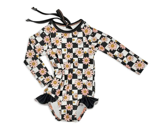 Baby Girls Checkered Flowers Long Sleeve Top One Piece Swimsuits preorder(moq 5)