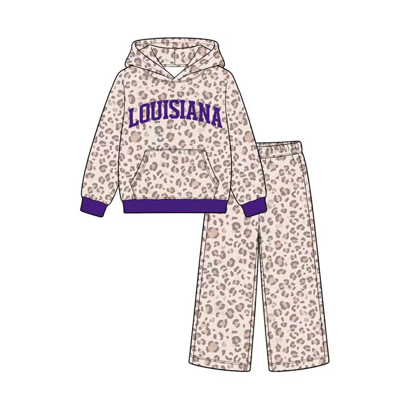Preorder (moq 5) Baby Girl Clothes Louisiana Letter Leopard Print Long Sleeve Hoodie Wide Leg Pant Set