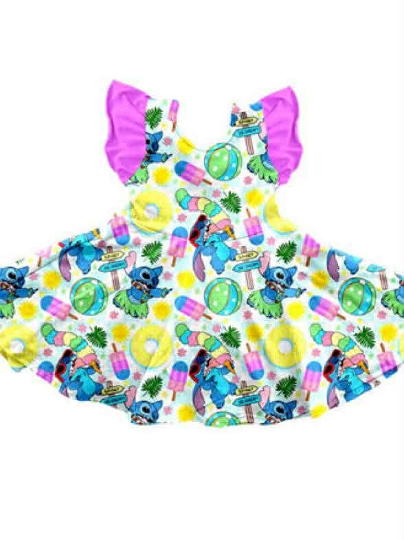 Preorder moq 5 Baby Girls Flutter Sleeve Cartoon Bunny Popsicle Knee Length Dresses