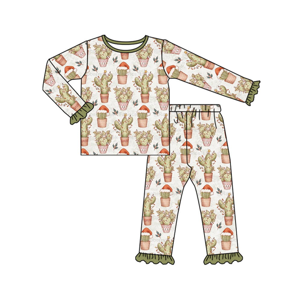 Baby Girls Western Christmas Cactus Green Top Pants Pajamas Clothes Sets preorder(MOQ 5)