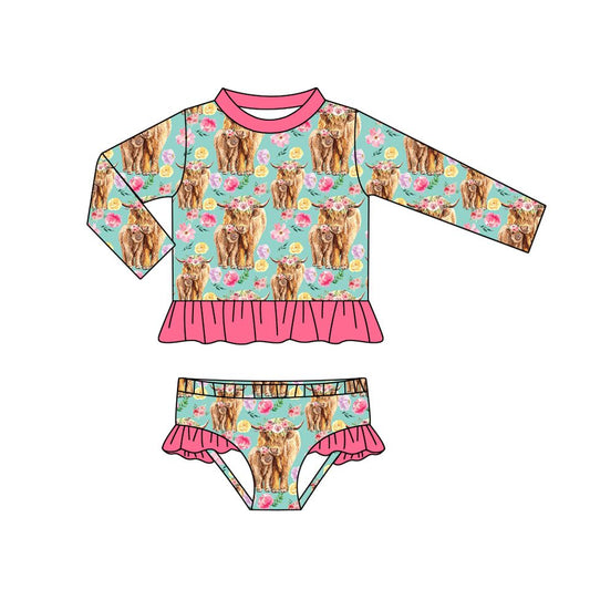 Baby Girls Highland Cow Flowers Long Sleeve Top Bummie 2pcs Swimsuits preorder(moq 5)