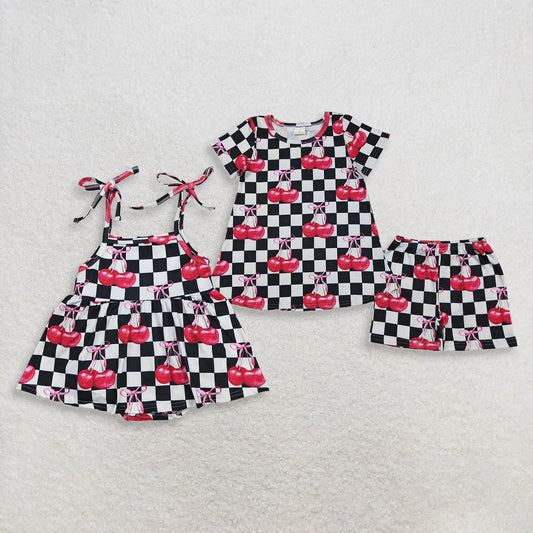 Sibling Baby Girls Black Checked Cherry Tunic Short Clothes Set Strap Bummies Rompers