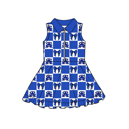 Preorder (moq 5)Baby Girls Blue Bows Raiders Checked Zip Team Knee Length Dresses