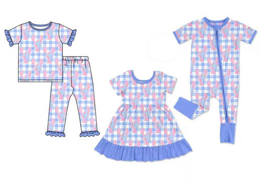 Preorder moq 5 (each item)Baby Girls Blue Checked Bow Crayfishes Ruffle Pants Pajamas Sets Dress Zipper Rompers