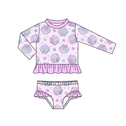 Baby Girls Lavender Shell Long Sleeve Top Ruffle Bummie 2pcs Swimsuits preorder(moq 5)