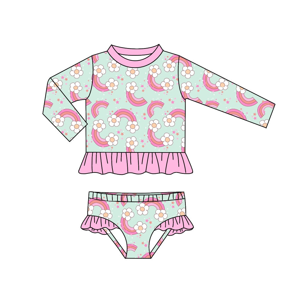 Baby Girls Rainbow Flowers Long Sleeve Top Ruffle Bummie 2pcs Swimsuits preorder(moq 5)