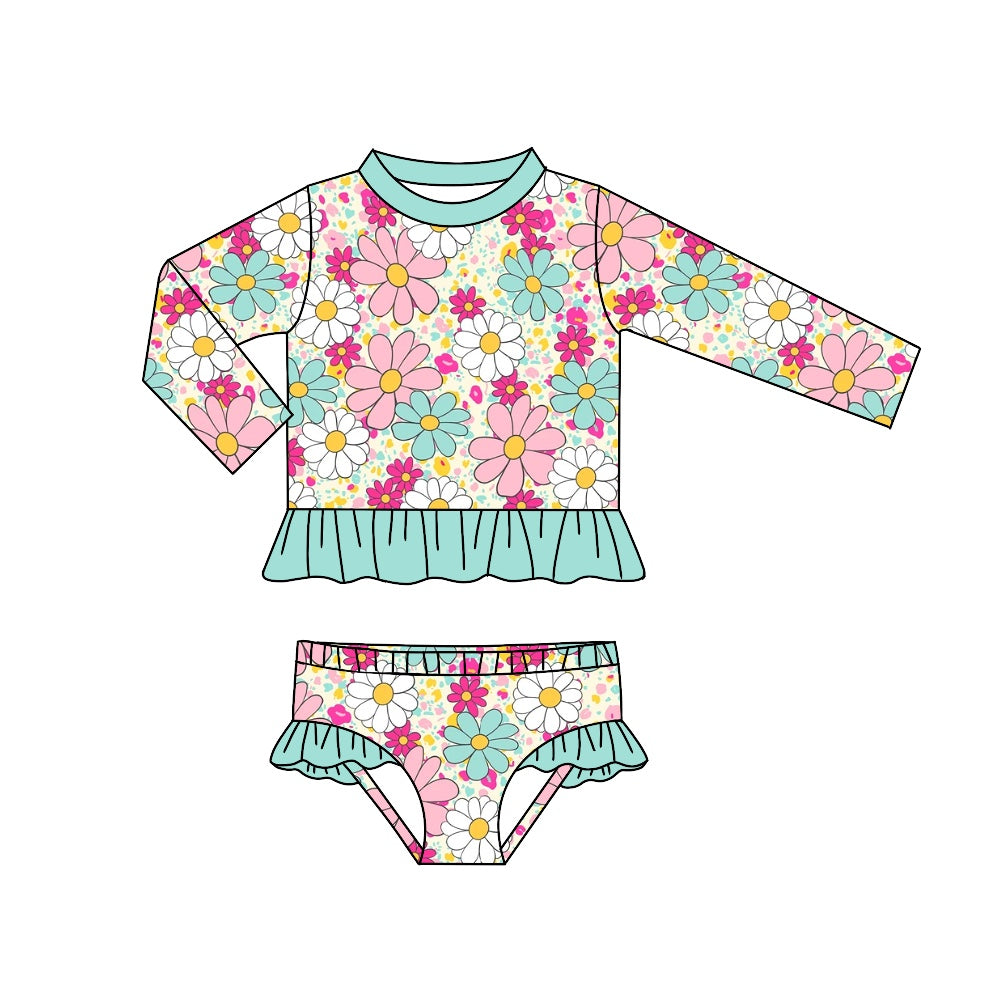 Baby Girls Green Flowers Long Sleeve Top Ruffle Bummie 2pcs Swimsuits preorder(moq 5)