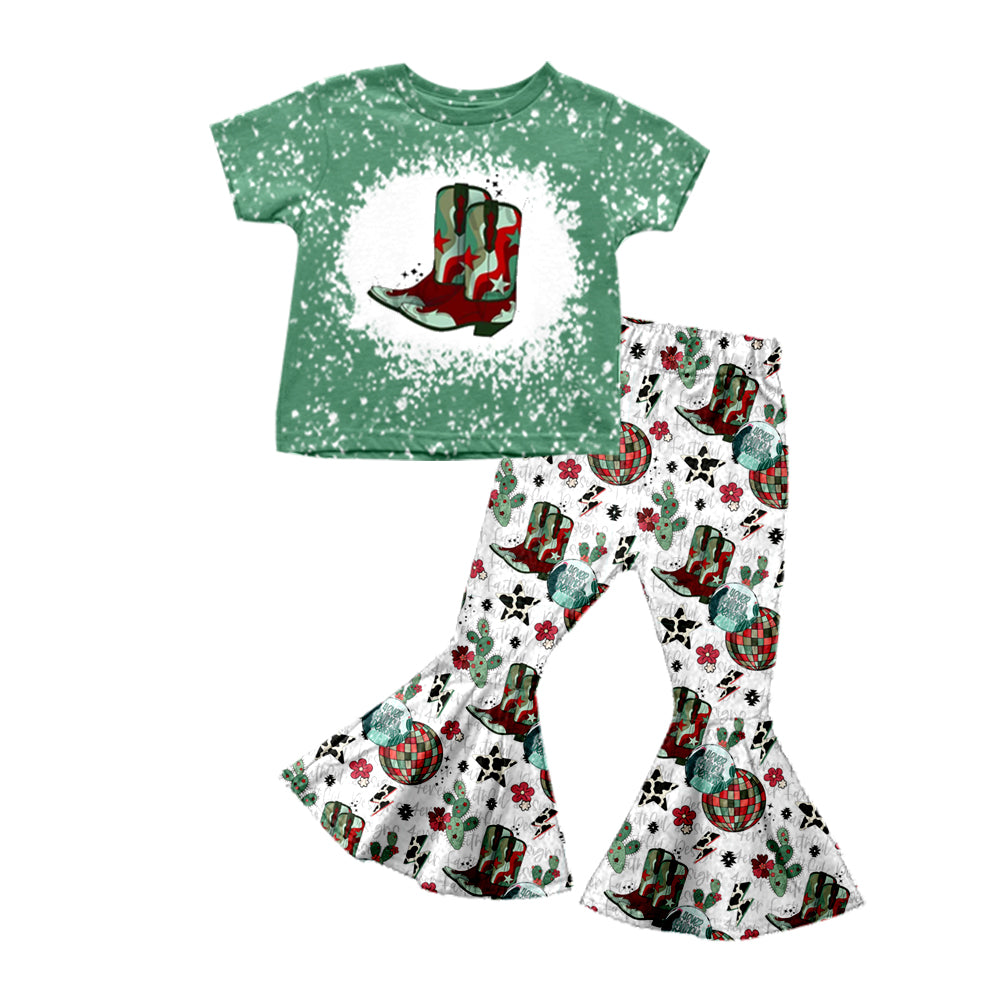 Baby Girls Western Green Boots Top Bell Pants Clothing Sets Preorder(moq 5)