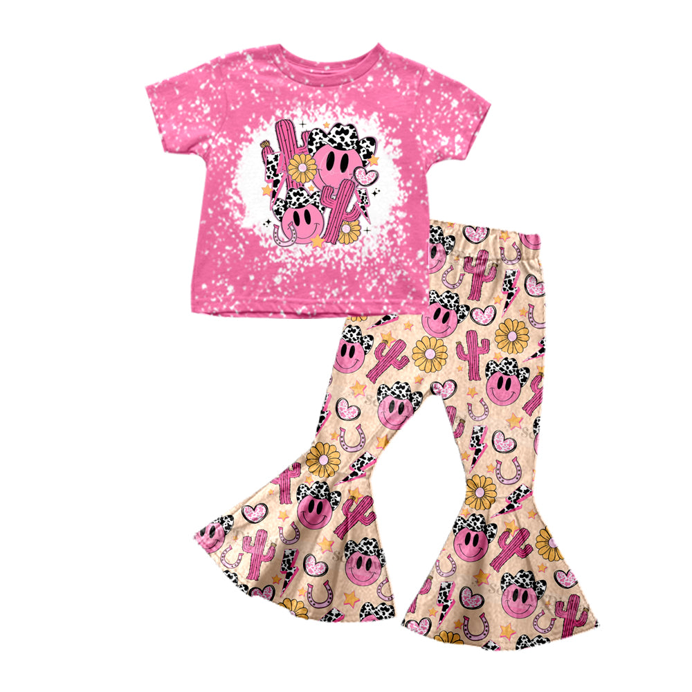 Baby Girls Western Pink Cactus Cowboy Top Bell Pants Clothing Sets Preorder(moq 5)