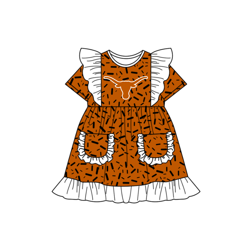 Preorder (moq 5)Baby Girls Flutter Short Sleeve Orange Sprinkles Bull Skulls Pockets Team Ruffle Knee Length Dresses