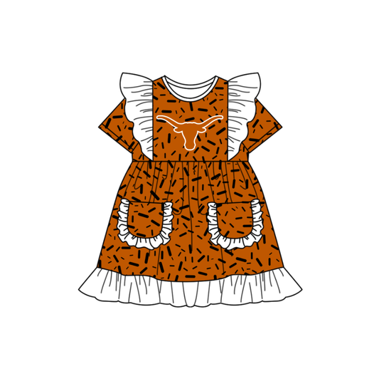 Preorder (moq 5)Baby Girls Flutter Short Sleeve Orange Sprinkles Bull Skulls Pockets Team Ruffle Knee Length Dresses