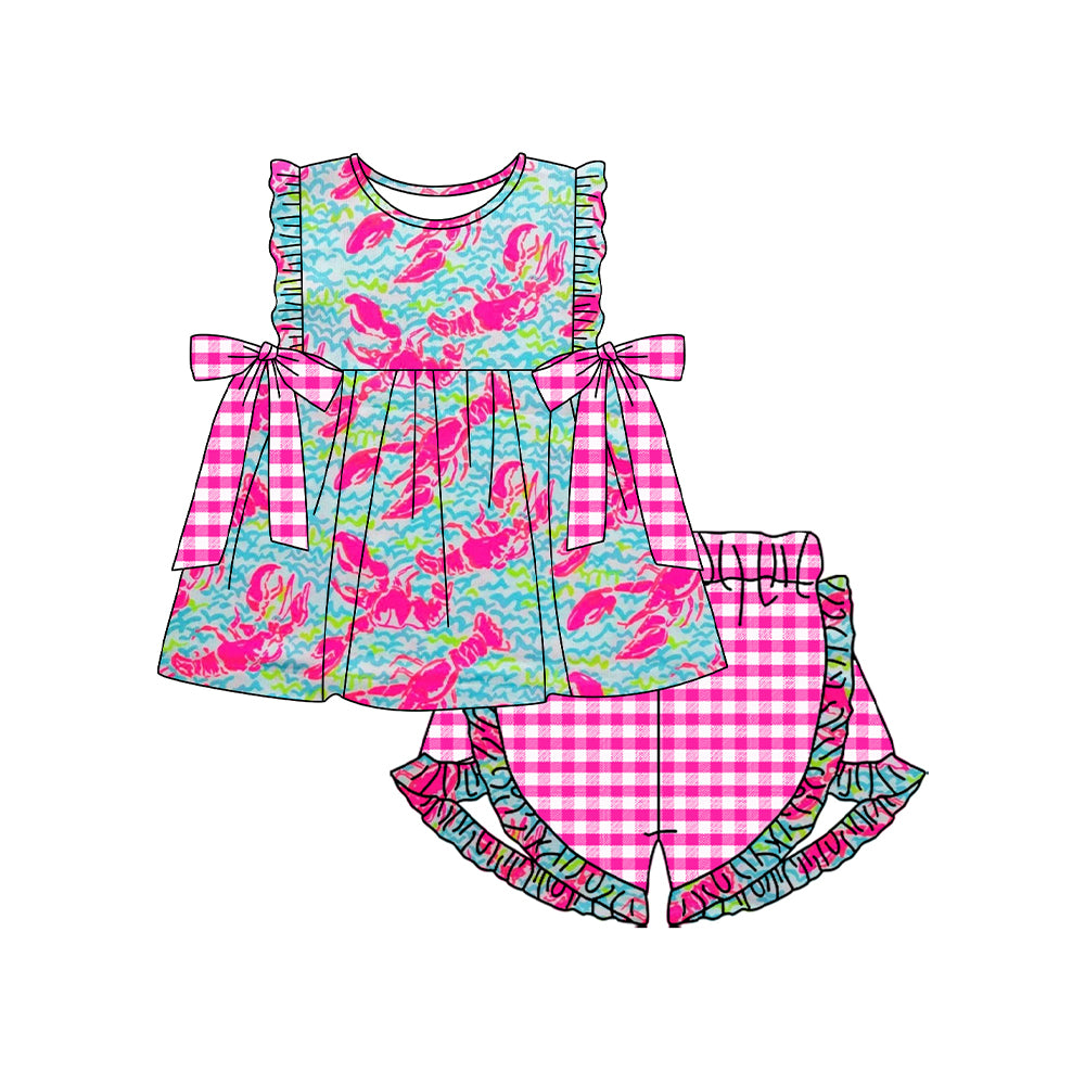 Preorder (moq 5)Baby Girls Crawfish Bow Tunic Ruffle Shorts Clothes Sets