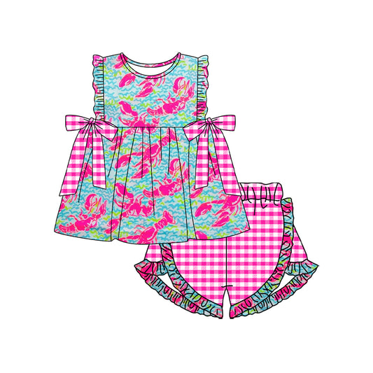Preorder (moq 5)Baby Girls Crawfish Bow Tunic Ruffle Shorts Clothes Sets