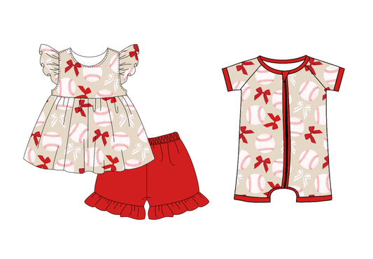 Preorder moq 5 Custom Baby Kids Red Baseballs Bows Tunic Ruffle Short Set Zipper Rompers