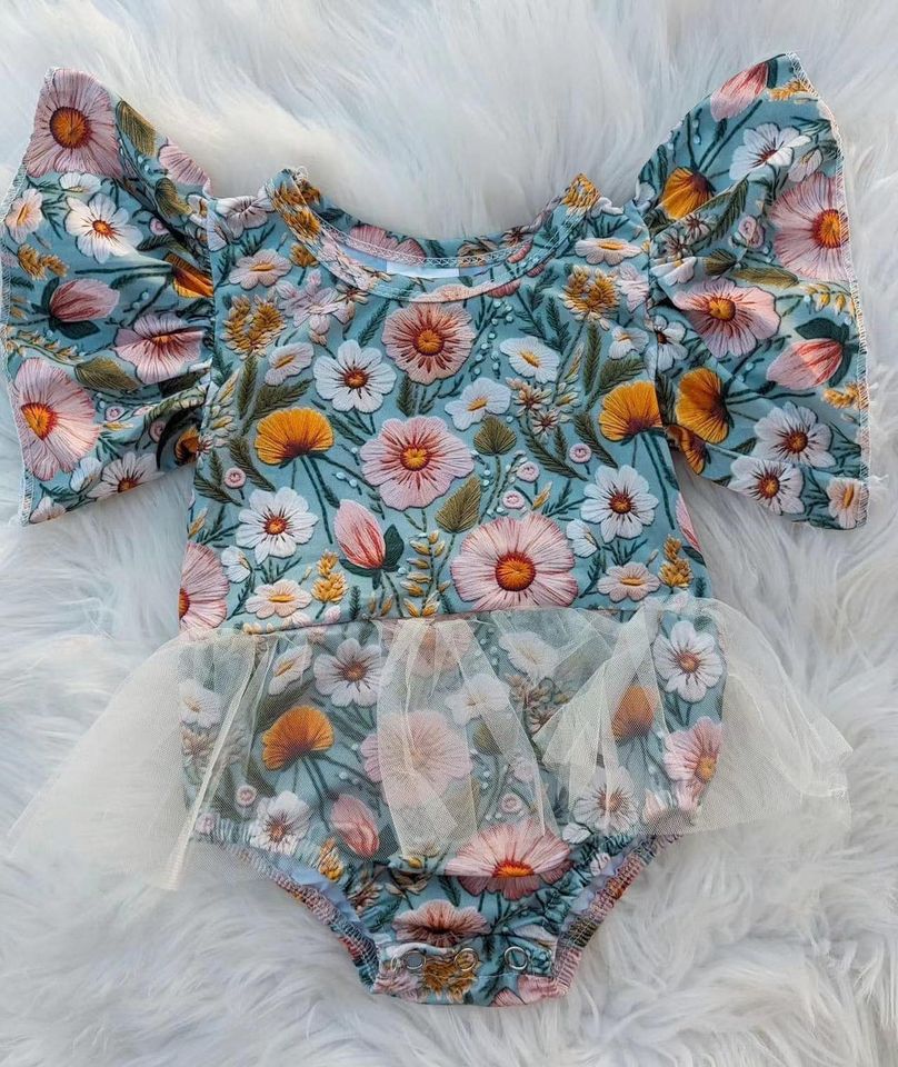 Baby Infant Girls Flutter Sleeve Tutu Green Floral Rompers preorder(moq 5)