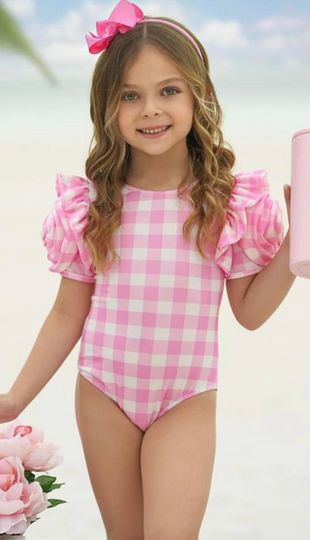 Baby Girls Pink Checkered One Piece Swimsuits preorder(moq 5)
