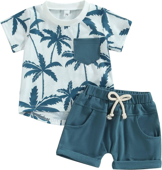 Baby Boys Trees Summer Top Dark Blue Shorts Clothes Sets order preorder (moq 5)