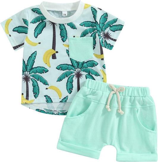 Baby Boys Banana Tree Summer Top Green Shorts Clothes Sets order preorder (moq 5)