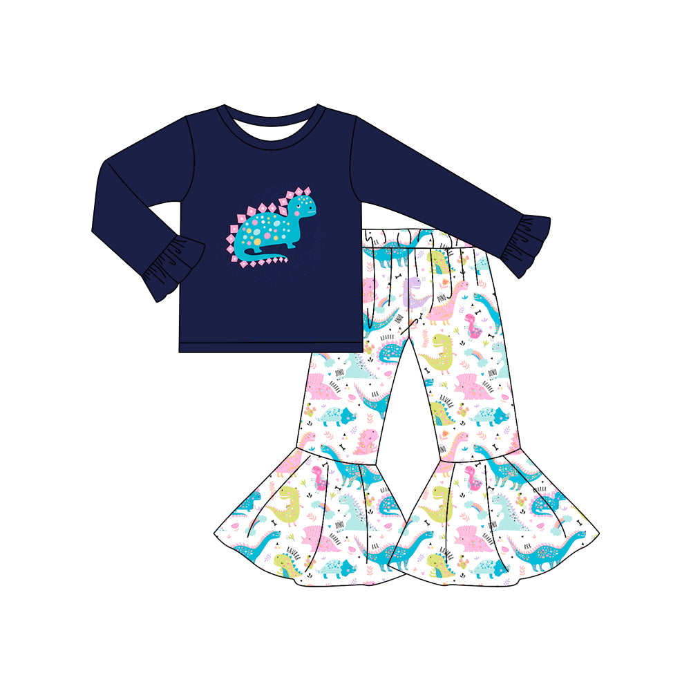 Preorder (moq 5)Baby Girls Navy Dinosaur Top Bell Bottom Pants Clothes Sets