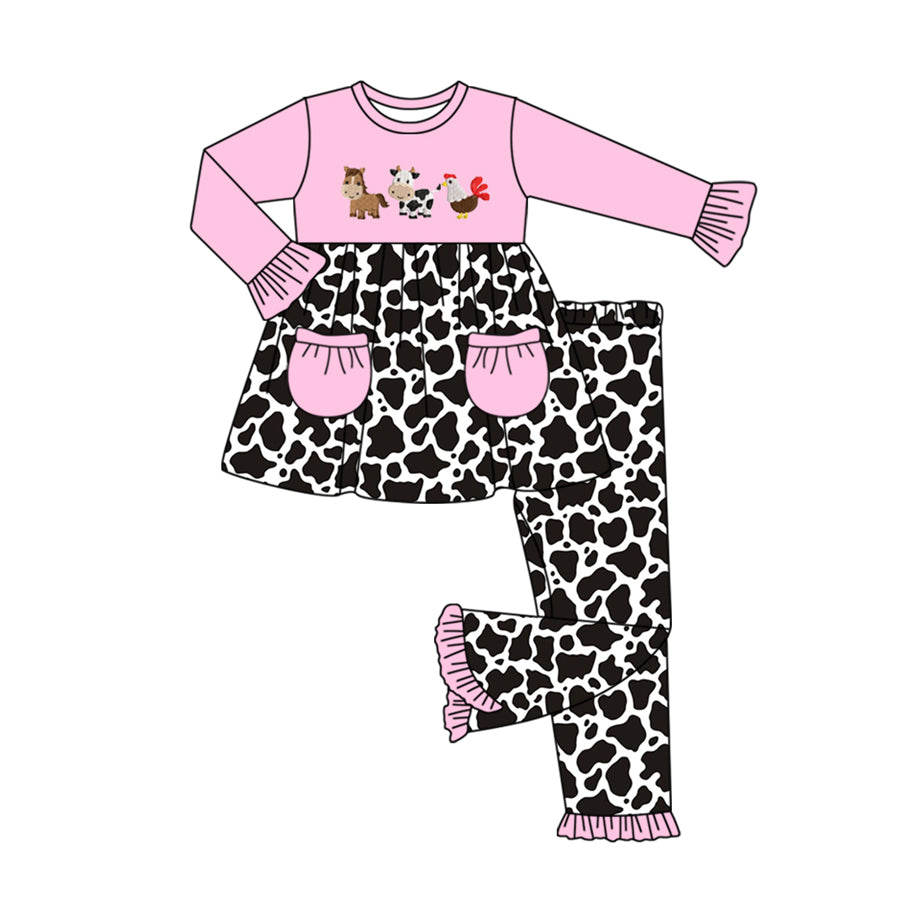 Baby Girls Farm Animals Pockets Top Ruffle Pants Clothes Sets Preorder(moq 5)