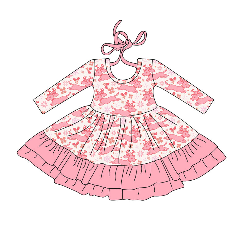 Preorder (moq 5)Baby Girls Long Sleeves Pink Christmas Deer Holly Ruffle Knee Length Dress