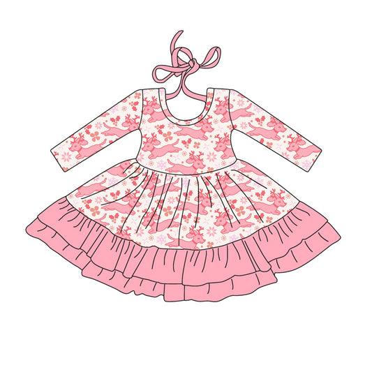 Preorder (moq 5)Baby Girls Long Sleeves Pink Christmas Deer Holly Ruffle Knee Length Dress