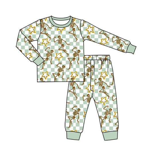 Preorder (moq 5)Baby Boys Aqua Plaid Skulls Stars Top Pants Halloween Pajamas Set
