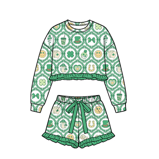 Preorder (moq5) Baby Girl Clothes St Patrick’s Day Clover Vintage Frame Print Long Sleeve Cropped Ruffle Top Ruffle Short Set
