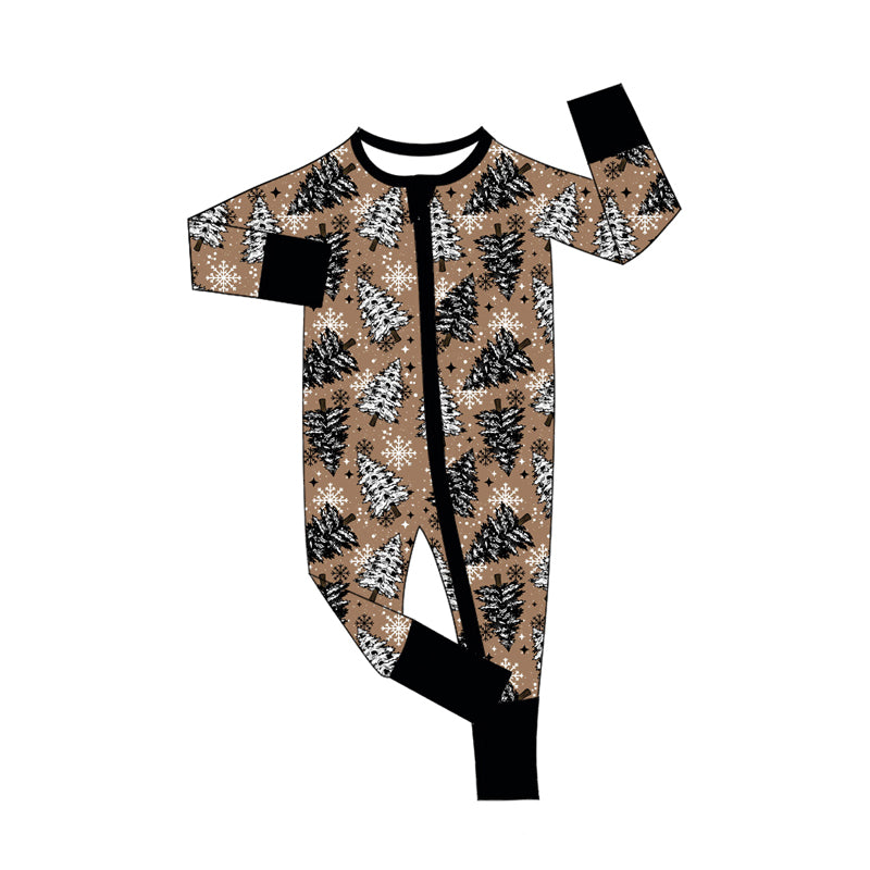 Preorder (moq 5)Baby Boys Long Sleeves Brown Trees Snowflake Zipper Rompers