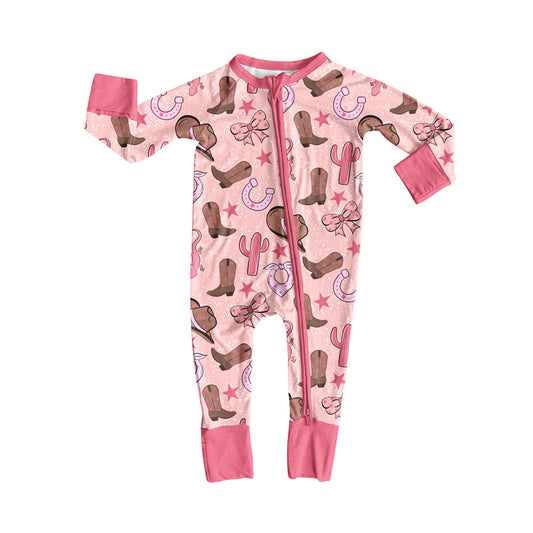 Preorder (moq 8)Baby Girls Hats Boots Cactus Stars Western Zipper Footie Rompers