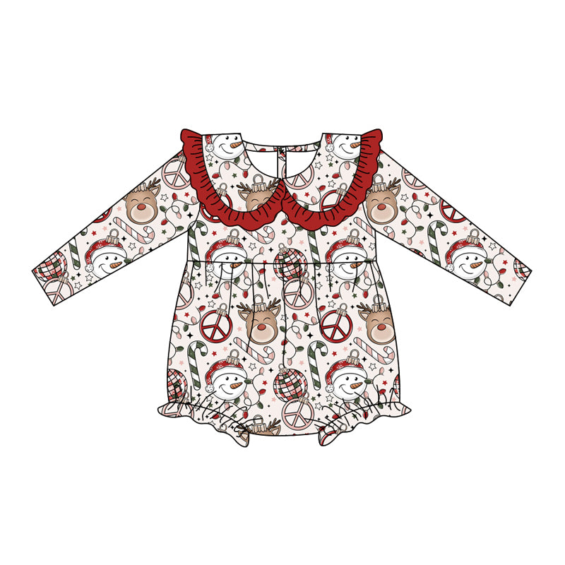 Preorder(moq 5)Baby Girls Snowman Candy Cane Plaid Ruffle Rompers