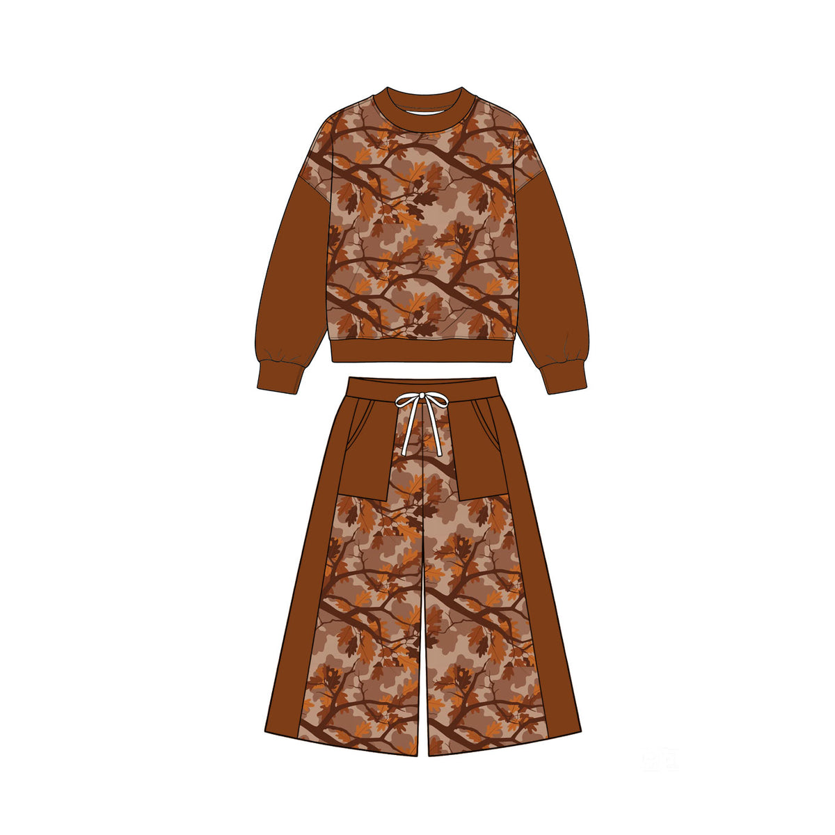 Pre-order(moq5) Girls’ Fall Chocolate Brown Maple Leaf Camouflage Print Crew Neck Long Sleeve Set