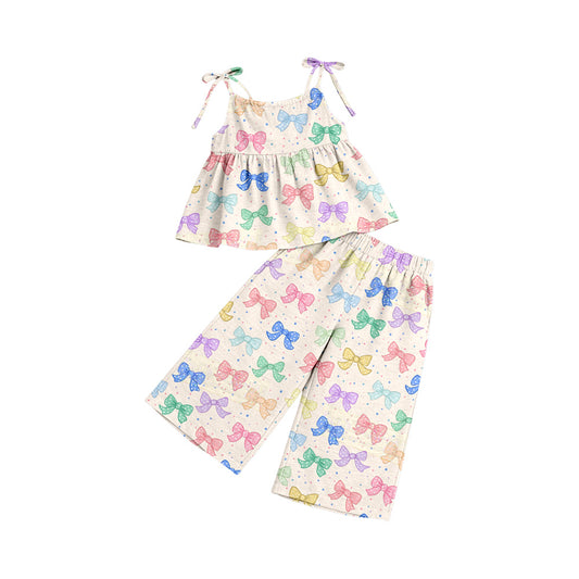 Preorder (moq 5)Baby Girls Strap Colorful Bows Tunic Flare Pants Clothes Sets