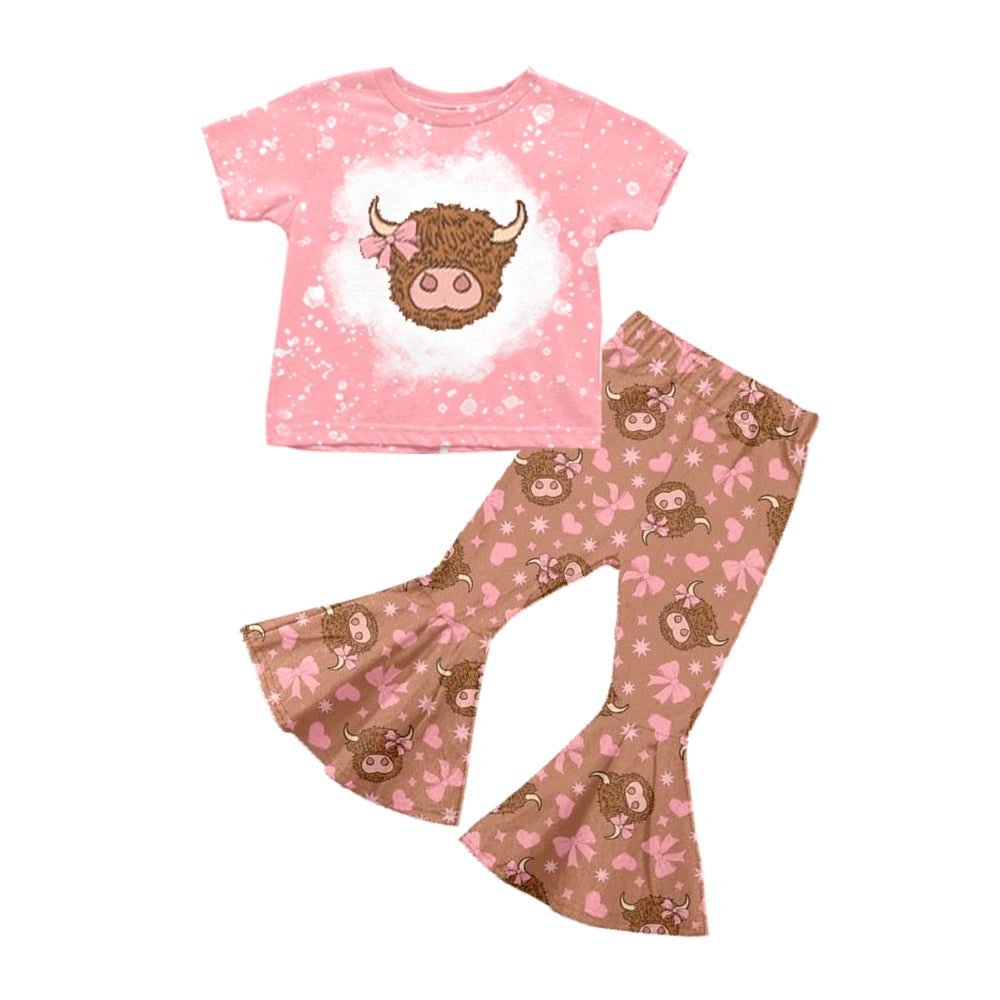 Preorder (moq 5)Baby Girls Pink Short Sleeves Highland Cow Top Khaki Bell Bottom Pant Set