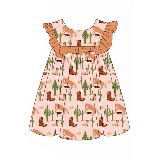 Preorder (moq 5)Baby Girls Pink Ruffle Sleeveless Cactus Boots Knee Length Dress
