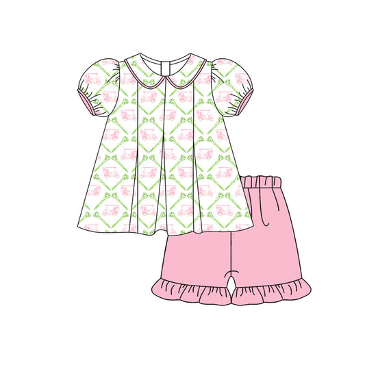 Preorder (moq 5)Baby Girls Short Ruffle Sleeves Pink Golf Trucks Tunic Short Set Preorder