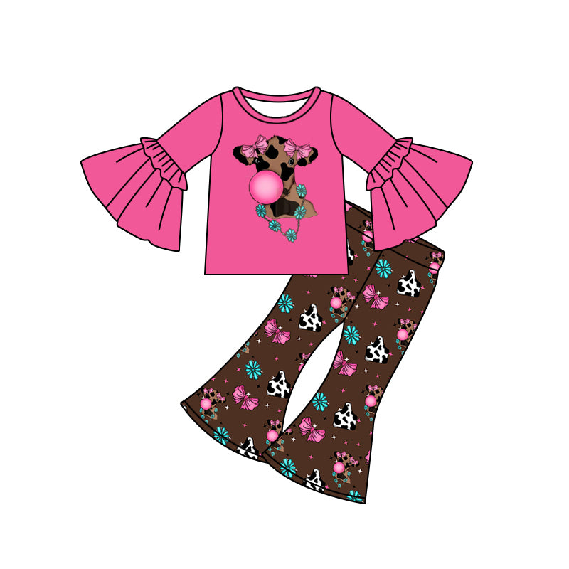 preorder(moq 5) Baby Girls Bell Sleeves Cows Flowers Top Flare Pants Set