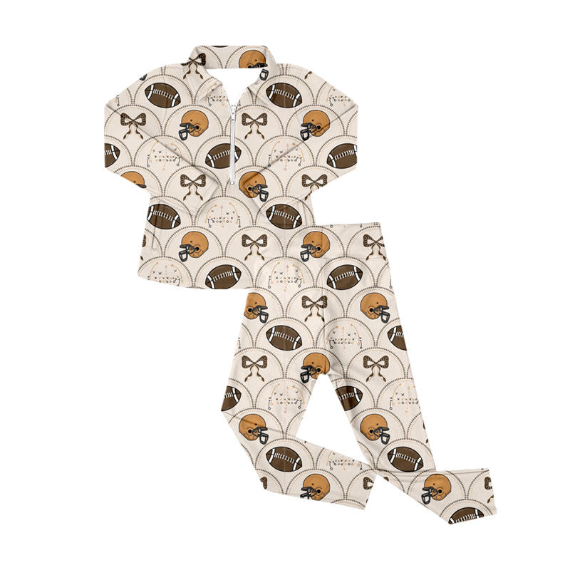 Preorder (moq 5)Baby Boys Footballs Bows Checked Zipper Pullover Leggings Team Clothes Sets