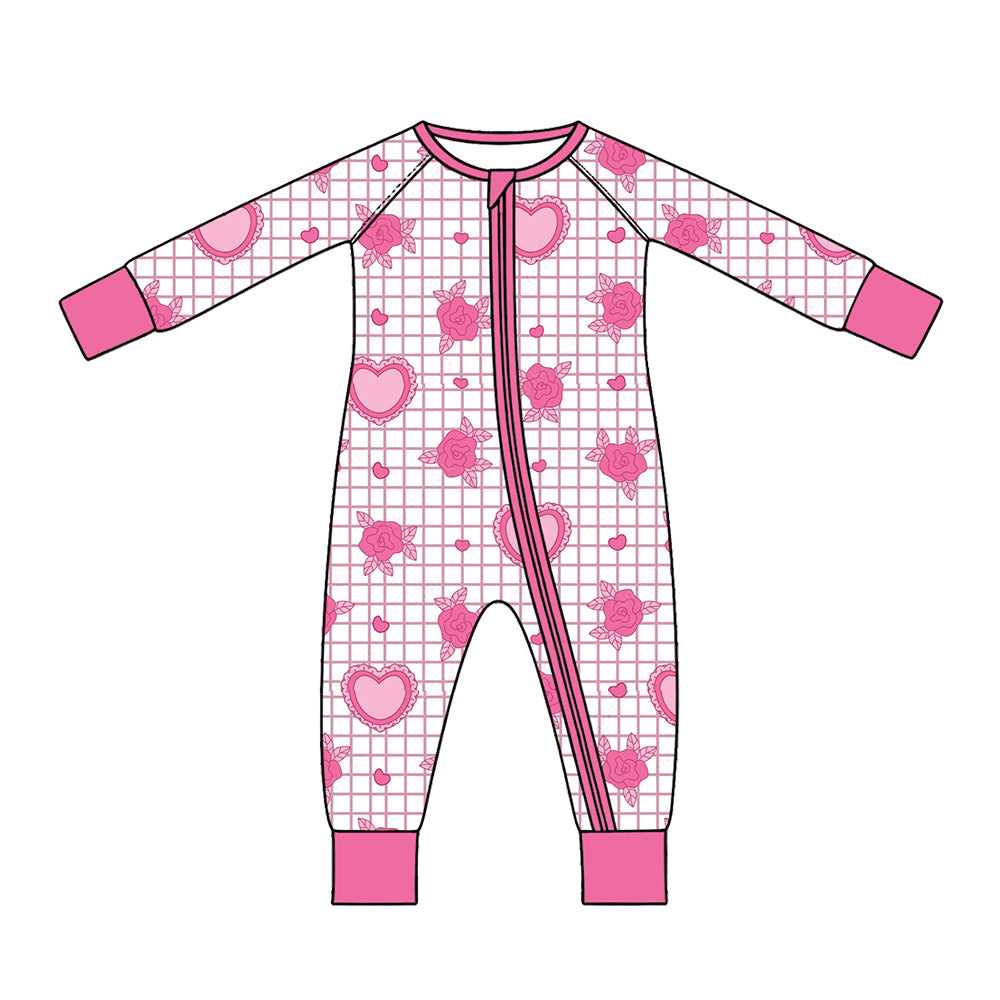 Preorder (moq 5) Baby Girl Clothes Valentine Grid Rose Lace Heart Print Long Sleeve Zipper Romper