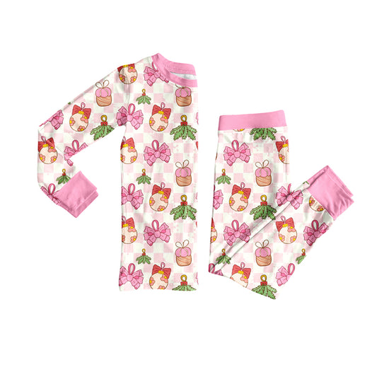 Preorder (moq 5)Baby Girls Long Sleeves Pink Plaid Holly Lights Top Pant Pajamas Clothes Set