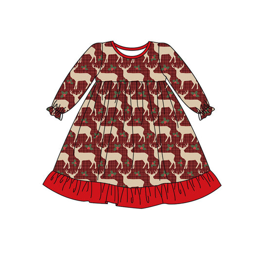 Preorder (moq 5)Baby Girls Deer Holly Christmas Ruffle Knee Length Dresses