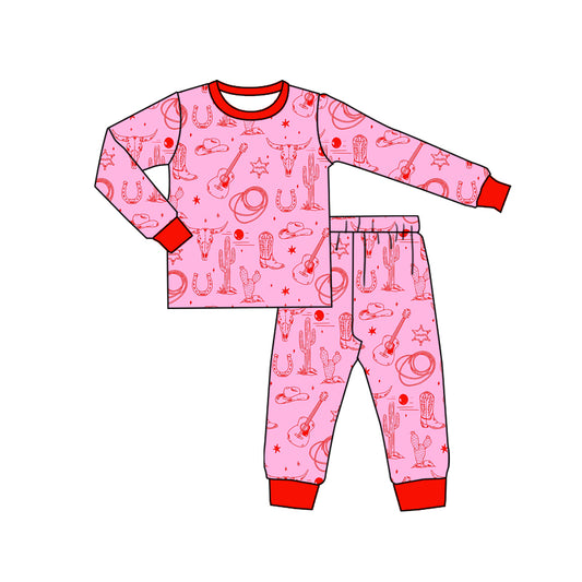 Preorder (moq 5)Baby Kids Long Sleeve Bull Skulls Cactus Top Pants Western Pajamas Sets