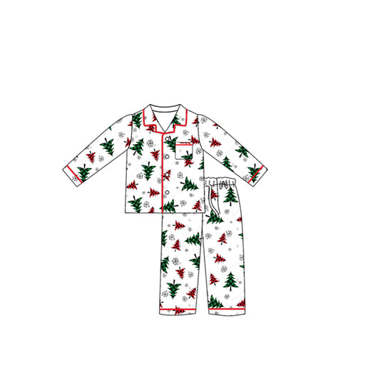 preorder(moq 5) Baby Girls Long Sleeves Christmas Trees Pocket Button Top Pants Pajamas Set