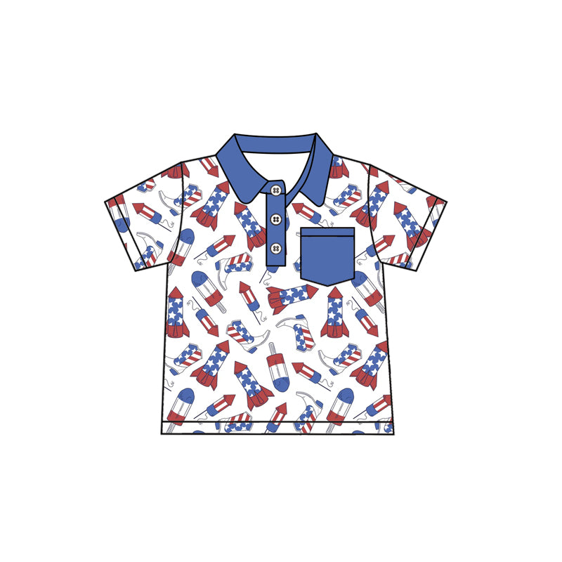 Preorder moq 5 Baby Boys Short Sleeves Button Pocket Firework Popsicle 4th Of July Polo Shirts Top