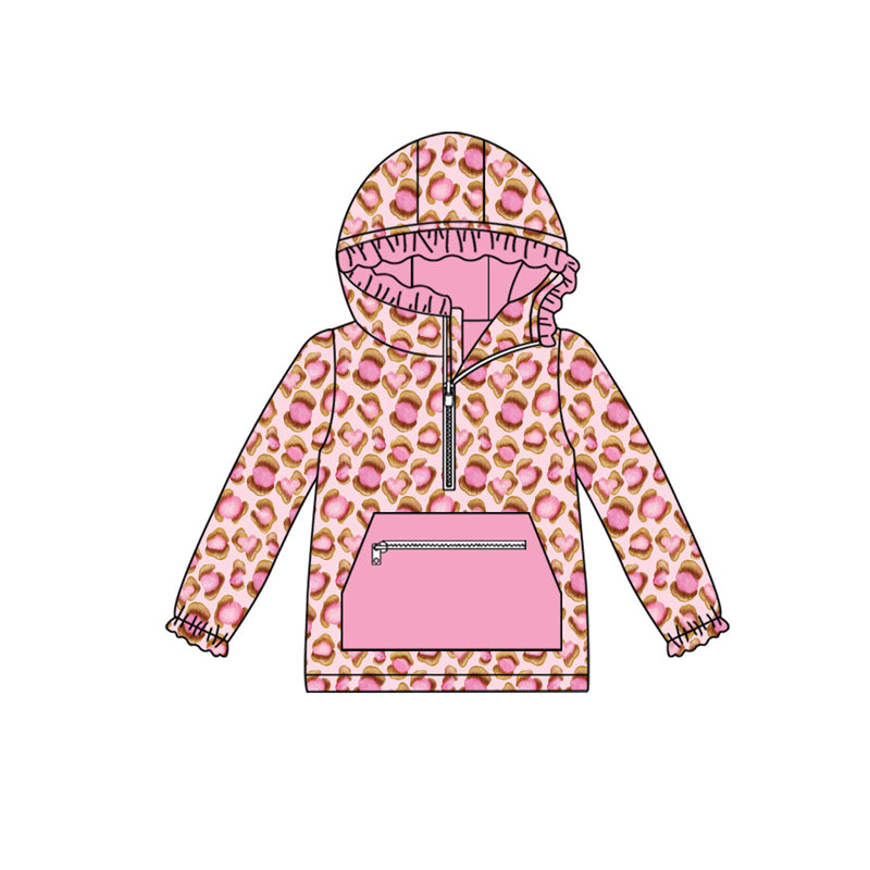 Preorder(moq 5)Baby Girls Pink Leopard Pockets Zipper Hoodie Tops